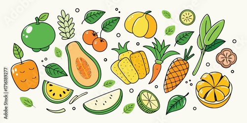 Vibrant assortment of fresh fruits and vegetables hand-drawn style healthy food collage