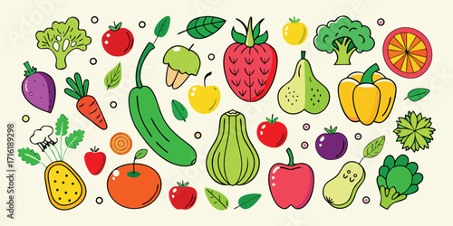 Vibrant assortment of fresh fruits and vegetables in a colorful hand-drawn style