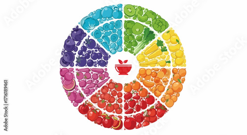 Vibrant rainbow fruit and vegetable wheel promoting healthy eating and balanced nutrition