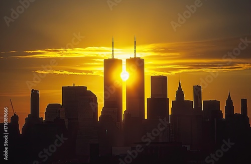 A vibrant sunset casts a warm, golden glow behind the silhouetted New York City skyline, with the twin towers prominently framed by the sun