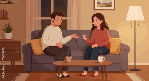 Flat illustration of a young couple having a serious conversation on a couch at night in a warm-toned living room.