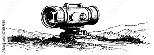 Hand Drawn Professional Video Camera on a Tripod black shape vector laser cutting engraving monochrome print