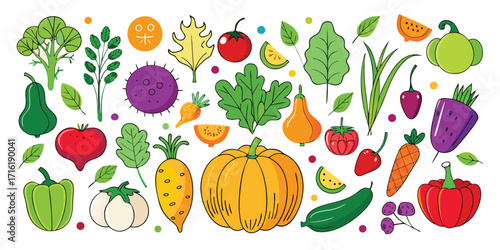 A vibrant collection of fresh vegetables and fruits artfully arranged for a healthy eating theme