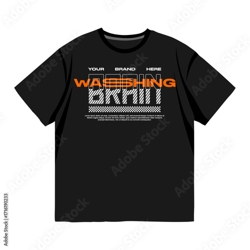 Black washing graphic t-shirt with bold orange typography, modern abstract layout and trendy urban streetwear style