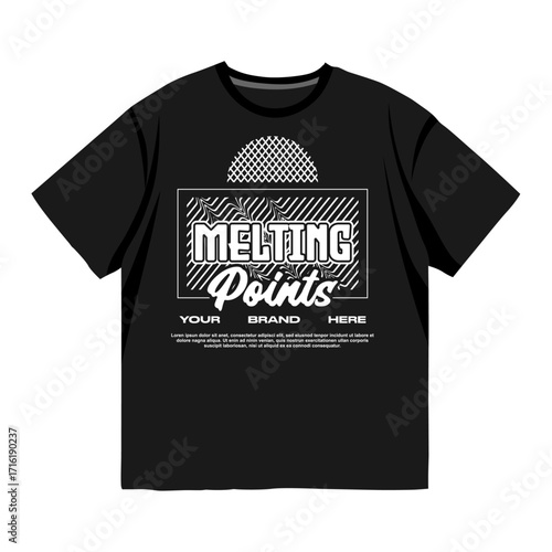 Black melting points graphic t-shirt with bold typography, halftone circle detail and trendy urban streetwear design