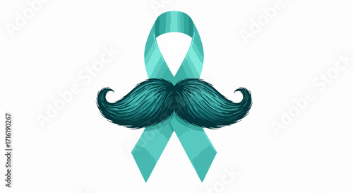 Teal ribbon with stylized mustache for prostate cancer awareness, healthcare campaign
