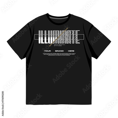 Black illuminate graphic t-shirt with modern typography, golden diagonal line accent and stylish urban streetwear design