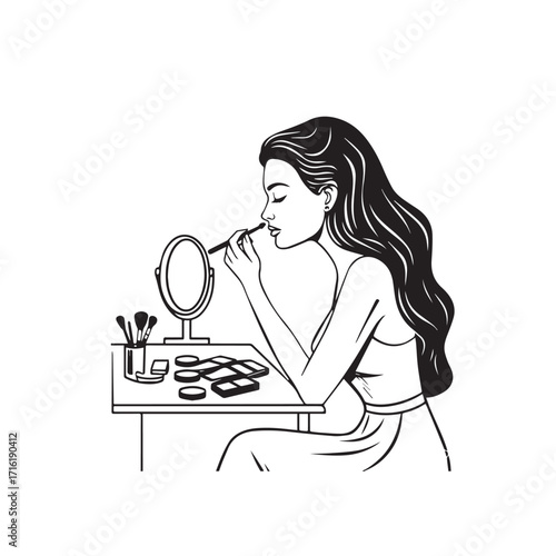 Black and white line art of a beautiful woman doing makeup at dressing table with mirror illustration