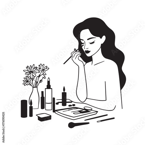 Black and white line art of a beautiful woman doing makeup at dressing table with mirror illustration