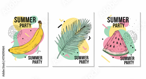 Vibrant summer party invitations featuring tropical fruit and playful abstract shapes for festive celebrations