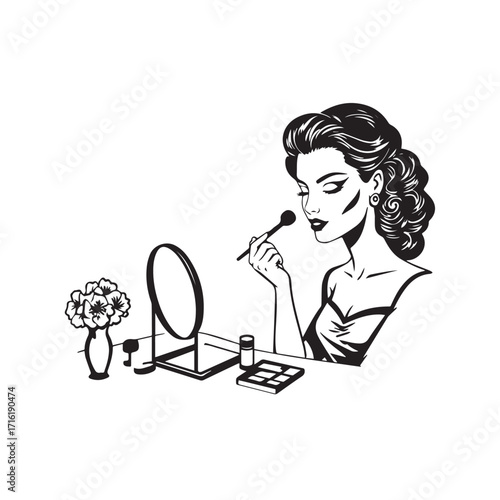 Black and white line art of a beautiful woman doing makeup at dressing table with mirror illustration