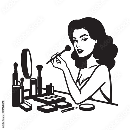 Black and white line art of a beautiful woman doing makeup at dressing table with mirror illustration