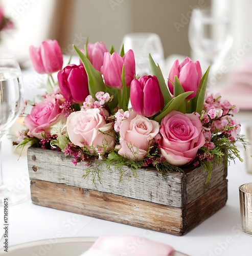 A rustic wooden box with pink tulips and roses, set against a white background for wedding table centerpieces