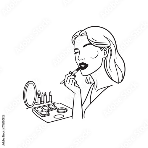 Black and white line art of a beautiful woman doing makeup at dressing table with mirror illustration