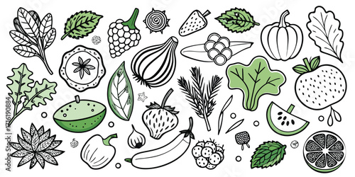 Hand-drawn assortment of fresh fruits and vegetables for healthy eating and cooking