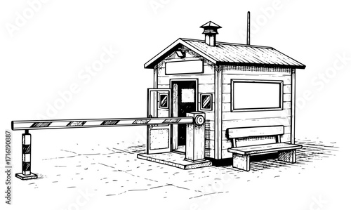 Checkpoint Booth with a Barrier Gate Sketch Illustration