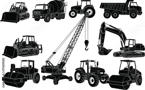 Silhouette vector of construction machinery including bulldozer, mixer, crane, and excavator, ideal for industrial, building, and engineering illustrations.