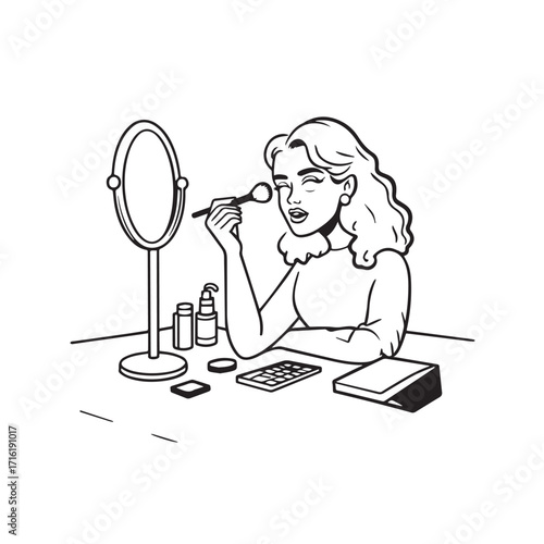 Black and white line art of a beautiful woman doing makeup at dressing table with mirror illustration