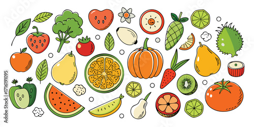Vibrant assortment of fresh fruits and vegetables hand drawn style colorful composition
