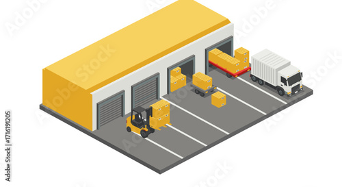 Isometric warehouse with trucks and forklifts unloading boxes