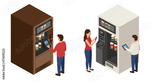 Isometric coffee vending machines with customers using technology