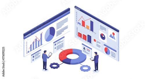 Business analysis with isometric dashboard and data visualization in modern office