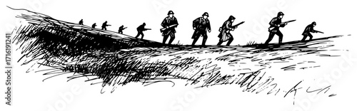 Infantry Soldiers Advancing on Battlefield Sketch Illustration black shape vector laser cutting engraving monochrome print