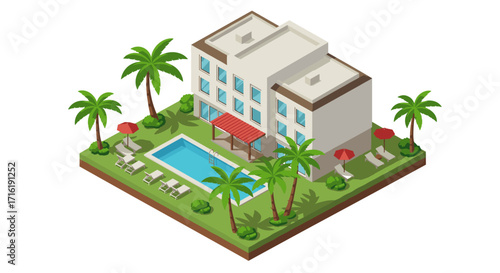 Modern villa with pool and palm trees in isometric design