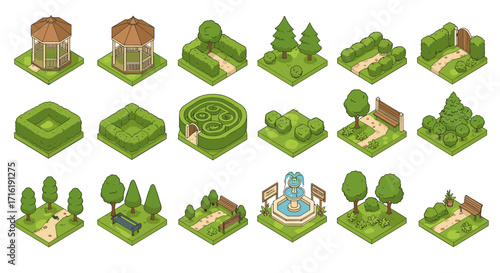 Isometric garden elements including gazebo, maze, and trees