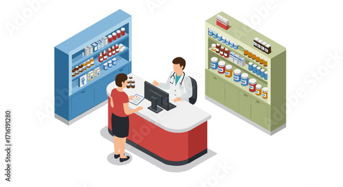 Isometric pharmacy scene with pharmacist and customer interaction at counter