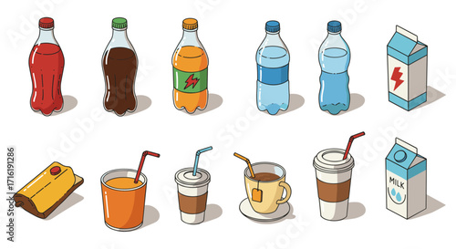 Assorted beverage bottles and containers in a colorful cartoon style