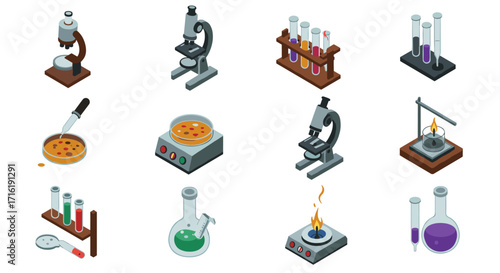 Isometric lab equipment set featuring microscopes and test tubes for science themes