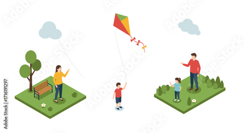 Isometric family recreation in park with kite flying on spring day