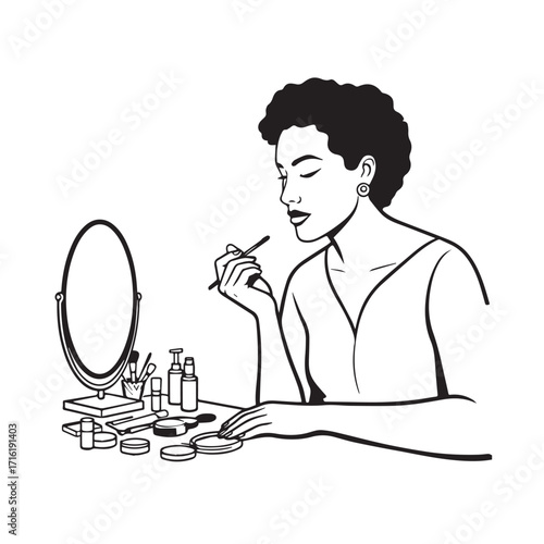Black and white line art of a beautiful woman doing makeup at dressing table with mirror illustration