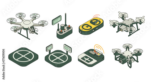 Aerial delivery drones and remote controls in isometric design