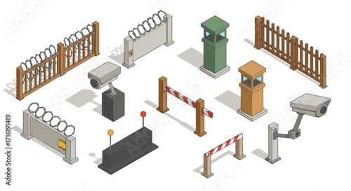 Isometric security elements: fences, cameras, barriers, and guard towers