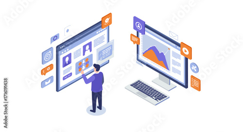 Isometric digital marketing analysis with interactive dashboard and user engagement