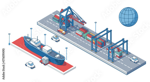 Isometric cargo ship and container terminal with global shipping concept