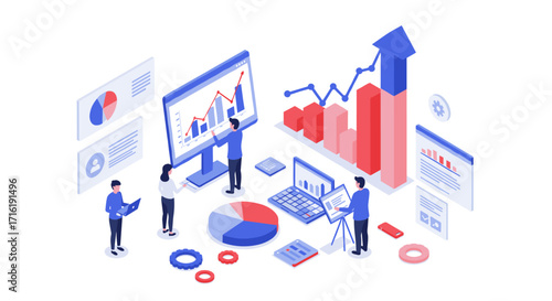 Isometric business growth analysis with graphs and charts in office setting