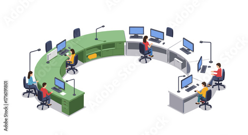 Modern office workspace design with curved desks and computers in isometric style