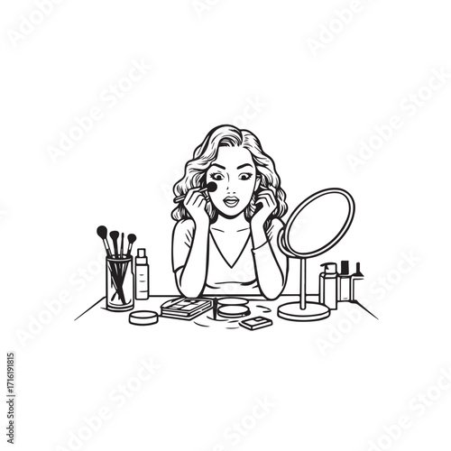 Black and white line art of a beautiful woman doing makeup at dressing table with mirror illustration