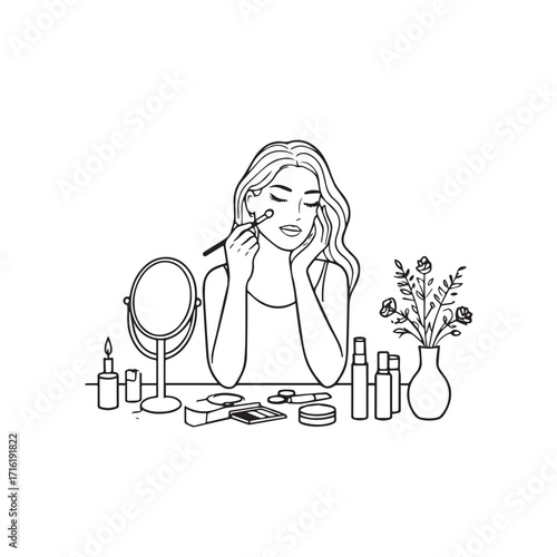 Black and white line art of a beautiful woman doing makeup at dressing table with mirror illustration