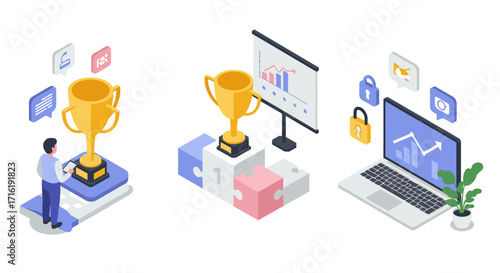 Isometric business success concepts with trophy, graphs, and security icons