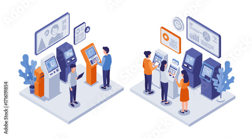 Isometric atm kiosk interaction with people in modern digital banking environment