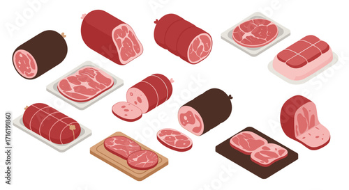 Isometric meat selection: various cuts and types on plates and boards