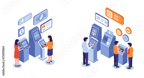 Isometric atm interaction with customers showcasing modern financial technology