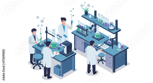 Modern scientific laboratory with researchers conducting experiments in an isometric setting