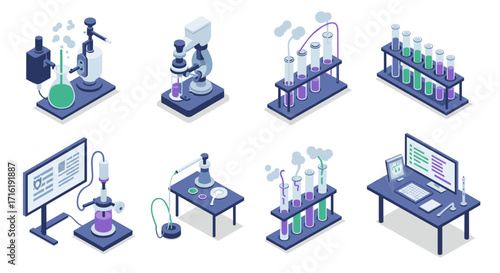 Isometric laboratory equipment set featuring scientific tools and technology in modern design