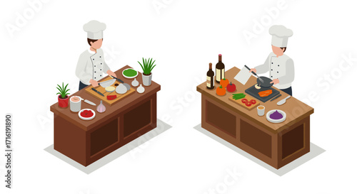 Isometric chefs preparing meals in a professional kitchen setting