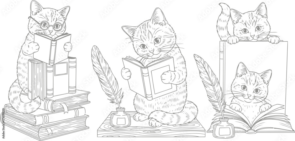 Naklejka premium Vector illustration of three adorable kittens engrossed in reading books, surrounded by stacks of literature and quill pens, coloring book for kids and adults